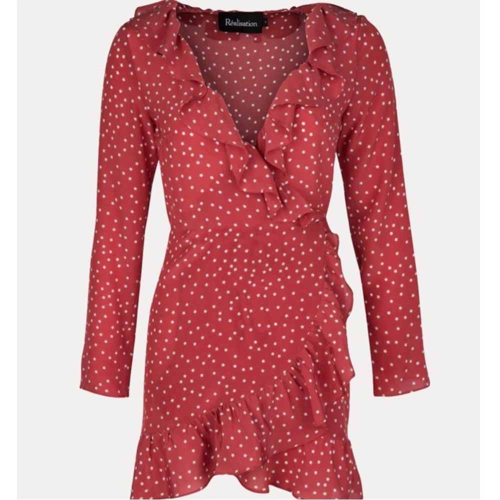 Realisation Par Red Star Print Ruffle Wrap Dress
